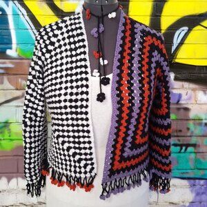 Granny Square Floral Fringe Sweater M/L